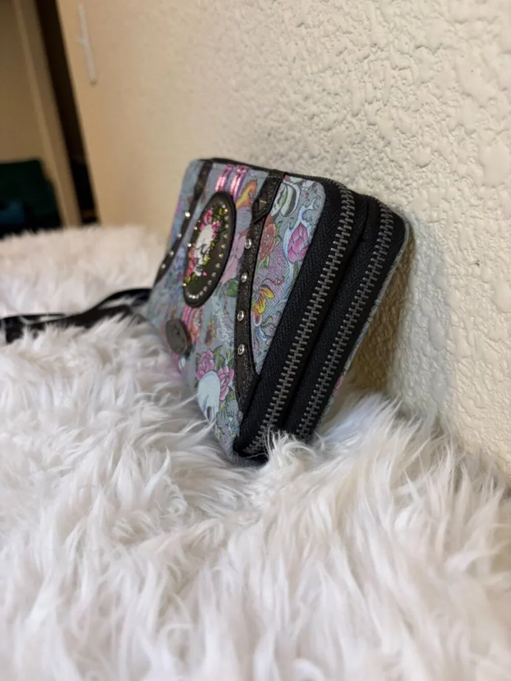 Ed Hardy Skull Rose Tattoo Double Zip Wristlet Wallet Goth Y2K Rockabilly